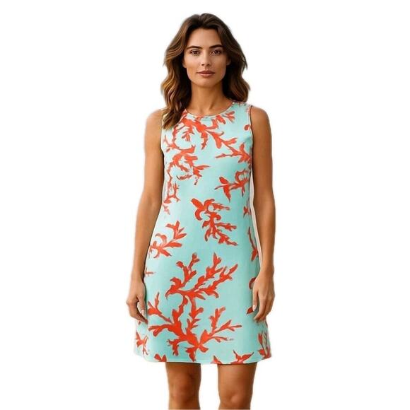 J. McLaughlin Sophia Shift Dress Size M Aqua Coral Print Catalina Cloth NEW NWT - Picture 1 of 12